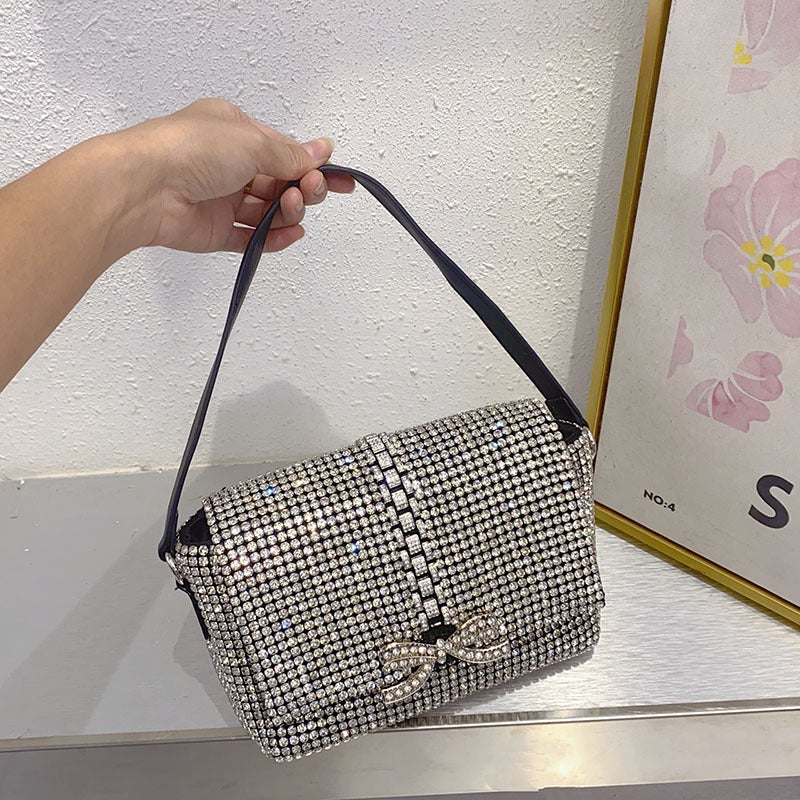 Fashionable Simple Shiny Diamond Bow Small Square Bag Celebrity Evening Bag Underarm Portable Shoulder Bag - Image 3