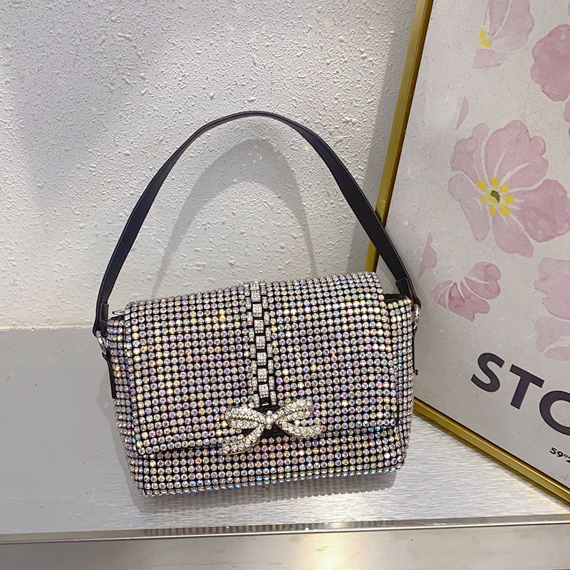 Fashionable Simple Shiny Diamond Bow Small Square Bag Celebrity Evening Bag Underarm Portable Shoulder Bag - Image 1