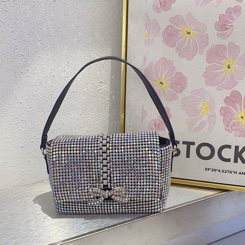 Fashionable Simple Shiny Diamond Bow Small Square Bag Celebrity Evening Bag Underarm Portable Shoulder Bag - Image 2