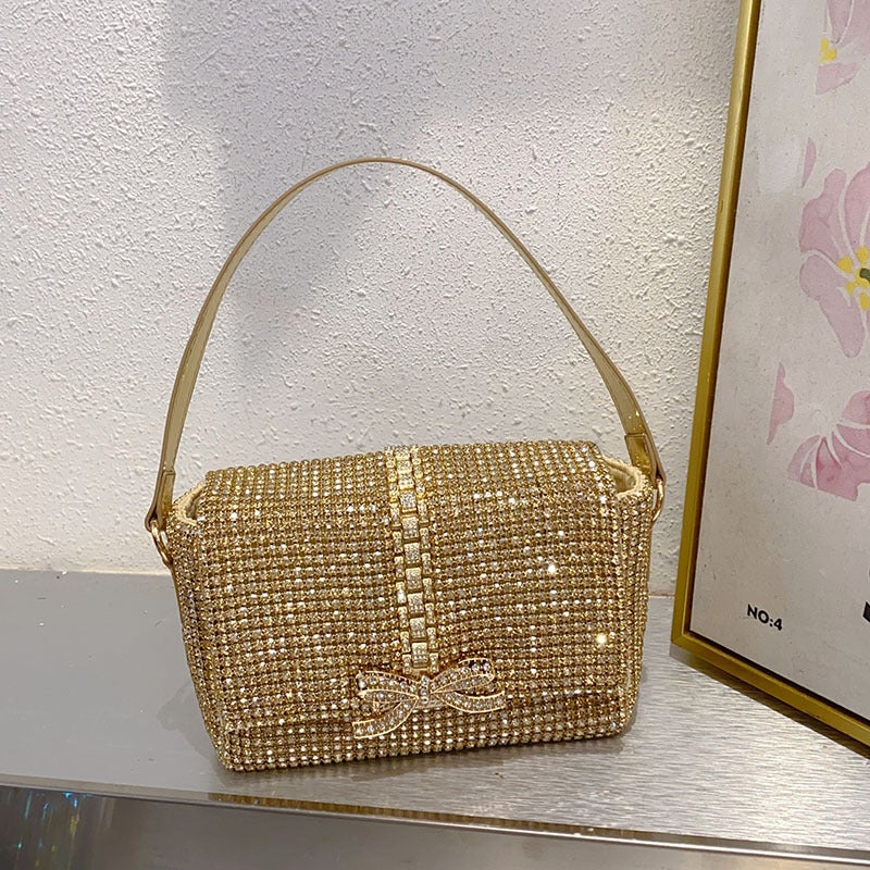 Fashionable Simple Shiny Diamond Bow Small Square Bag Celebrity Evening Bag Underarm Portable Shoulder Bag - Image 4