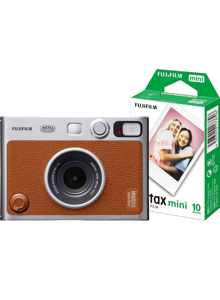 Instax Fujifilm instax mini Evo Instant Film Camera - Brown + Mini Film 10 Pack - Image 1
