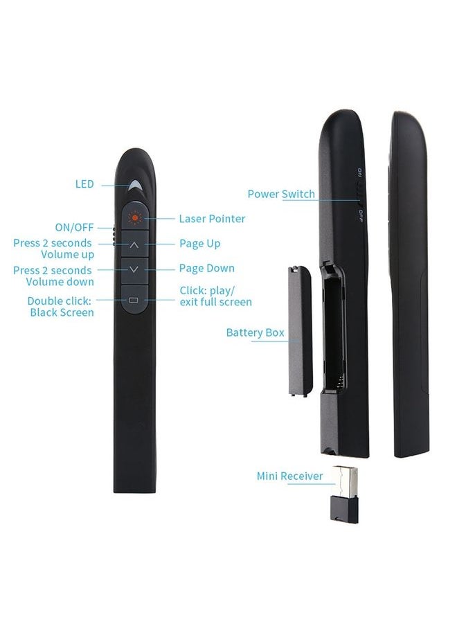 BURAQ - XM930 2.4GHz Wireless Laser PowerPoint Page Turning Pen Multimedia Wireless Presentation Projection Pen with USB Receiver, Support Low Battery Remind, Remote Control Distance: 100m(Black) - Image 1