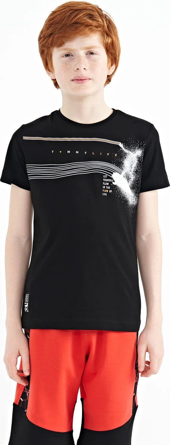 Tommy Life Black Print Detailed Standard Pattern O Neck Boy T-Shirt 11133