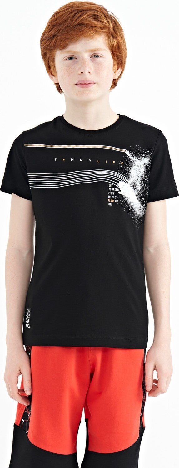 Tommy Life Black Print Detailed Standard Pattern O Neck Boy T-Shirt 11133 - Image 1