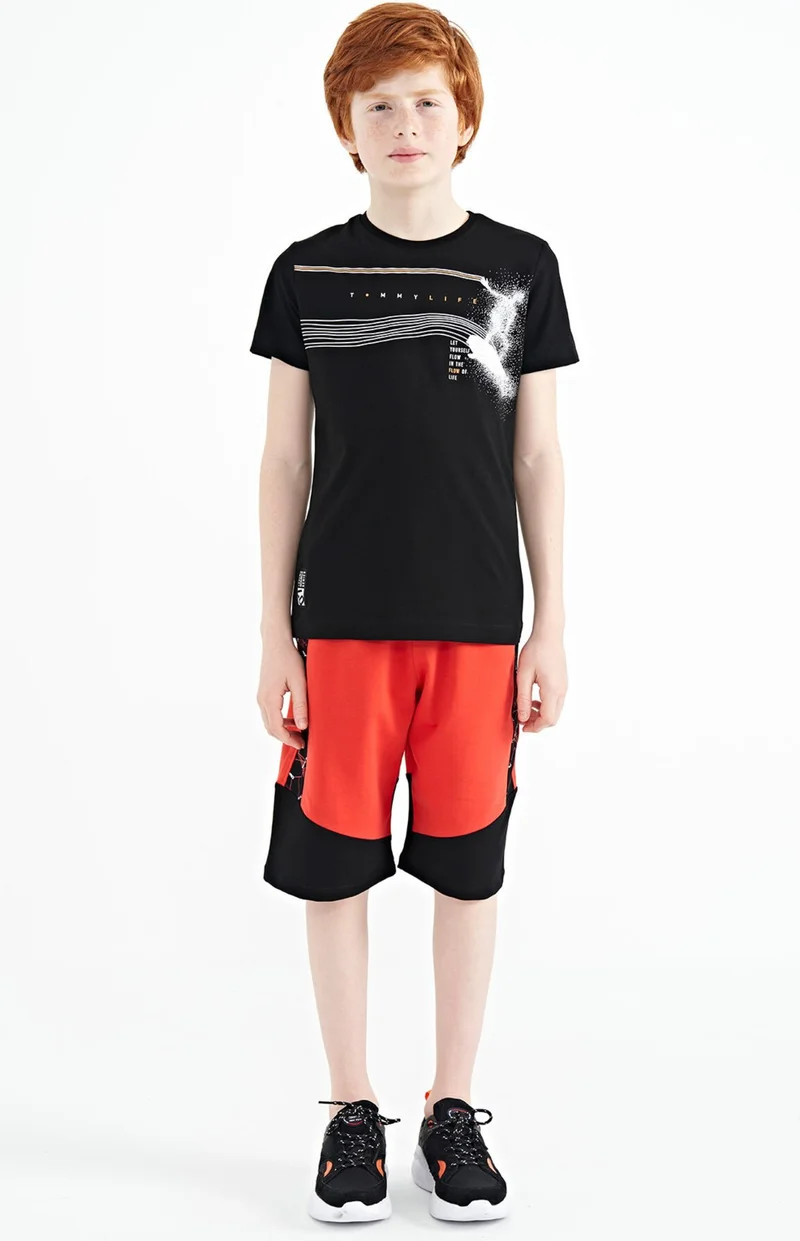 Tommy Life Black Print Detailed Standard Pattern O Neck Boy T-Shirt 11133