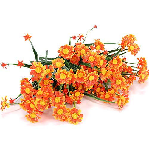 TEMCHY Artificial Daisies Flowers Outdoor UV Resistant 4 Bundles Fake Foliage Greenery Faux Plants Shrubs Plastic Bushes for Window Box Hanging Planter Farmhouse Indoor Outside Decor(Orange Red) - Image 3