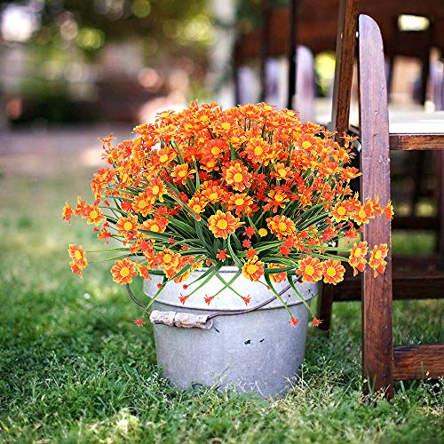 TEMCHY Artificial Daisies Flowers Outdoor UV Resistant 4 Bundles Fake Foliage Greenery Faux Plants Shrubs Plastic Bushes for Window Box Hanging Planter Farmhouse Indoor Outside Decor(Orange Red) - Image 2