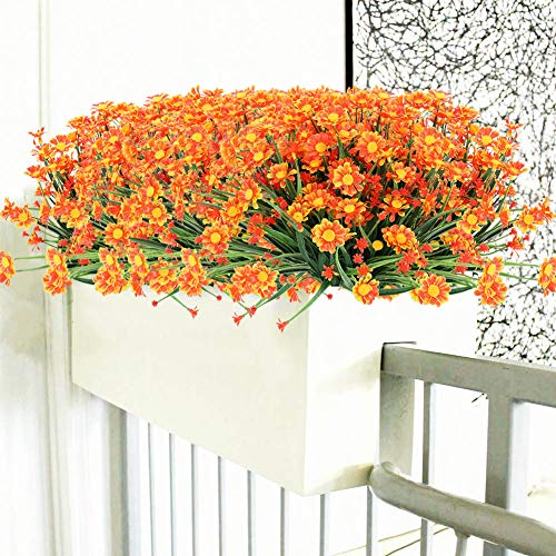 TEMCHY Artificial Daisies Flowers Outdoor UV Resistant 4 Bundles Fake Foliage Greenery Faux Plants Shrubs Plastic Bushes for Window Box Hanging Planter Farmhouse Indoor Outside Decor(Orange Red) - Image 4