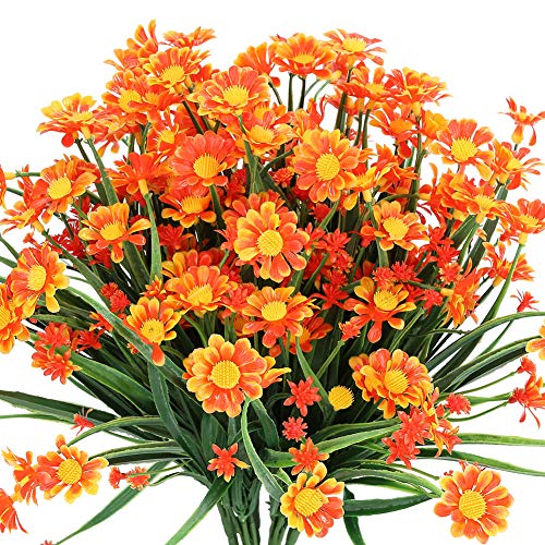 TEMCHY Artificial Daisies Flowers Outdoor UV Resistant 4 Bundles Fake Foliage Greenery Faux Plants Shrubs Plastic Bushes for Window Box Hanging Planter Farmhouse Indoor Outside Decor(Orange Red) - Image 1