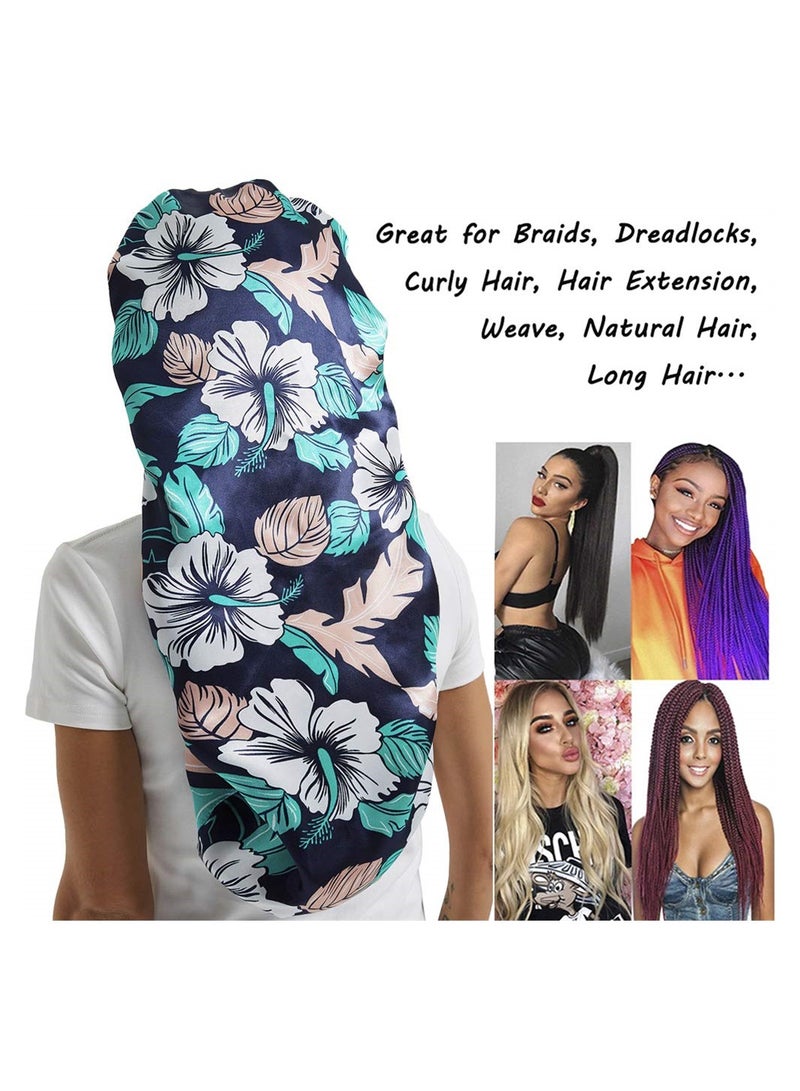 غطاء رأس ساتان طويل للنوم برباط مرن ناعم ومريح للنساء غطاء شعر للنوم للنساء قبعة للعناية بالشعر الطويل ساتان غطاء رأس ليلي 2 قطعة أسود + أزرق بأوراق - Image 2
