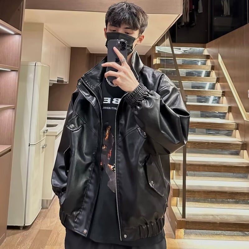 Generic High-end American retro street versatile textured leather and cotton motorcycle leather coat mens autumn and winter windproof warm coat large Brown - Image 2