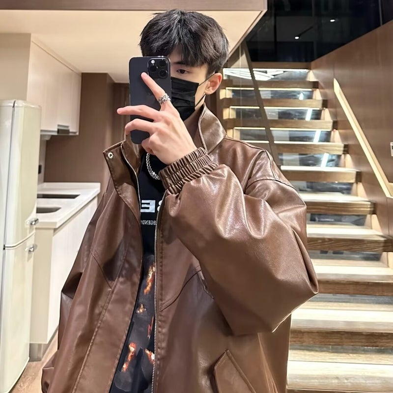 Generic High-end American retro street versatile textured leather and cotton motorcycle leather coat mens autumn and winter windproof warm coat large Brown - Image 1