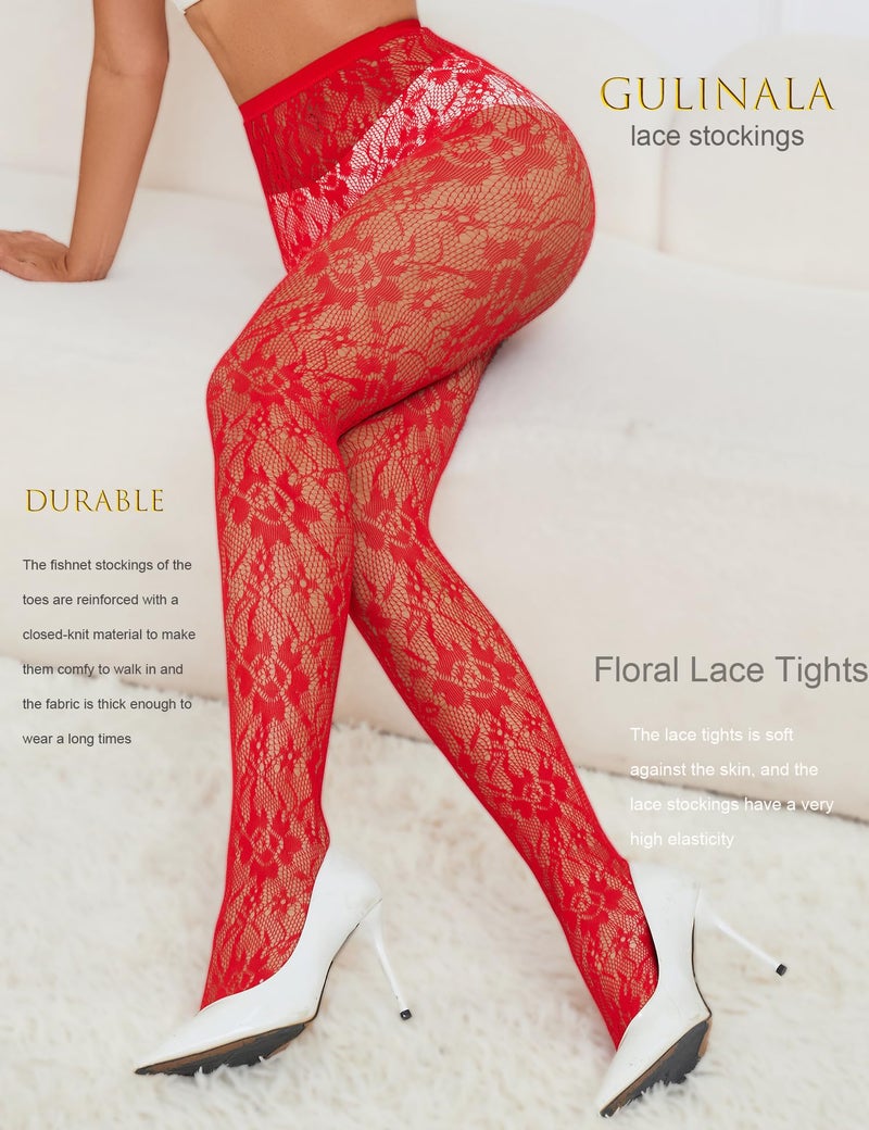 Gulinala Lace Tights Lace Stockings Sunflower Fishnet Stockings for Women Leggings Floral Pantyhose-Red - Image 2
