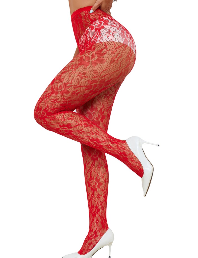 Gulinala Lace Tights Lace Stockings Sunflower Fishnet Stockings for Women Leggings Floral Pantyhose-Red - Image 1