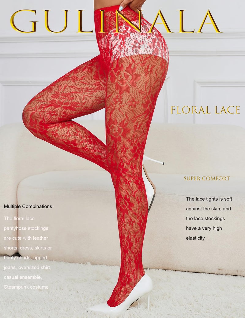 Gulinala Lace Tights Lace Stockings Sunflower Fishnet Stockings for Women Leggings Floral Pantyhose-Red - Image 5