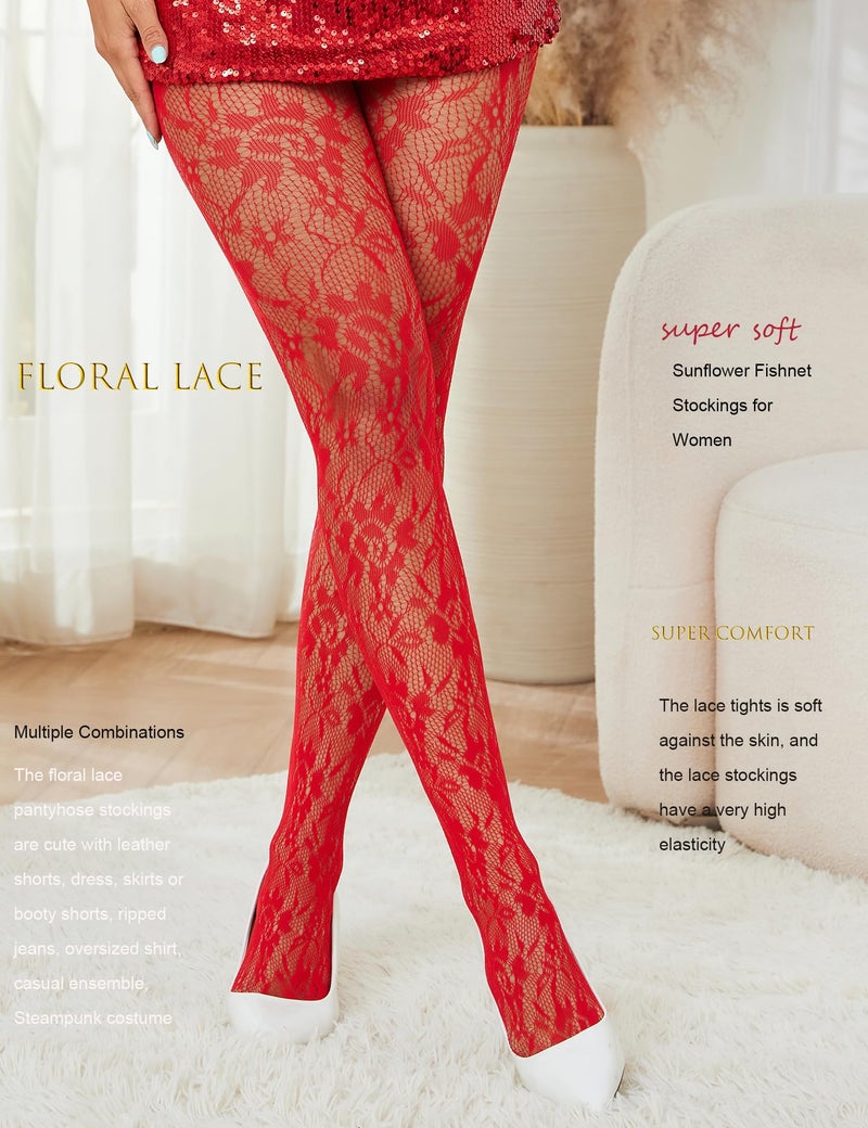 Gulinala Lace Tights Lace Stockings Sunflower Fishnet Stockings for Women Leggings Floral Pantyhose-Red - Image 4