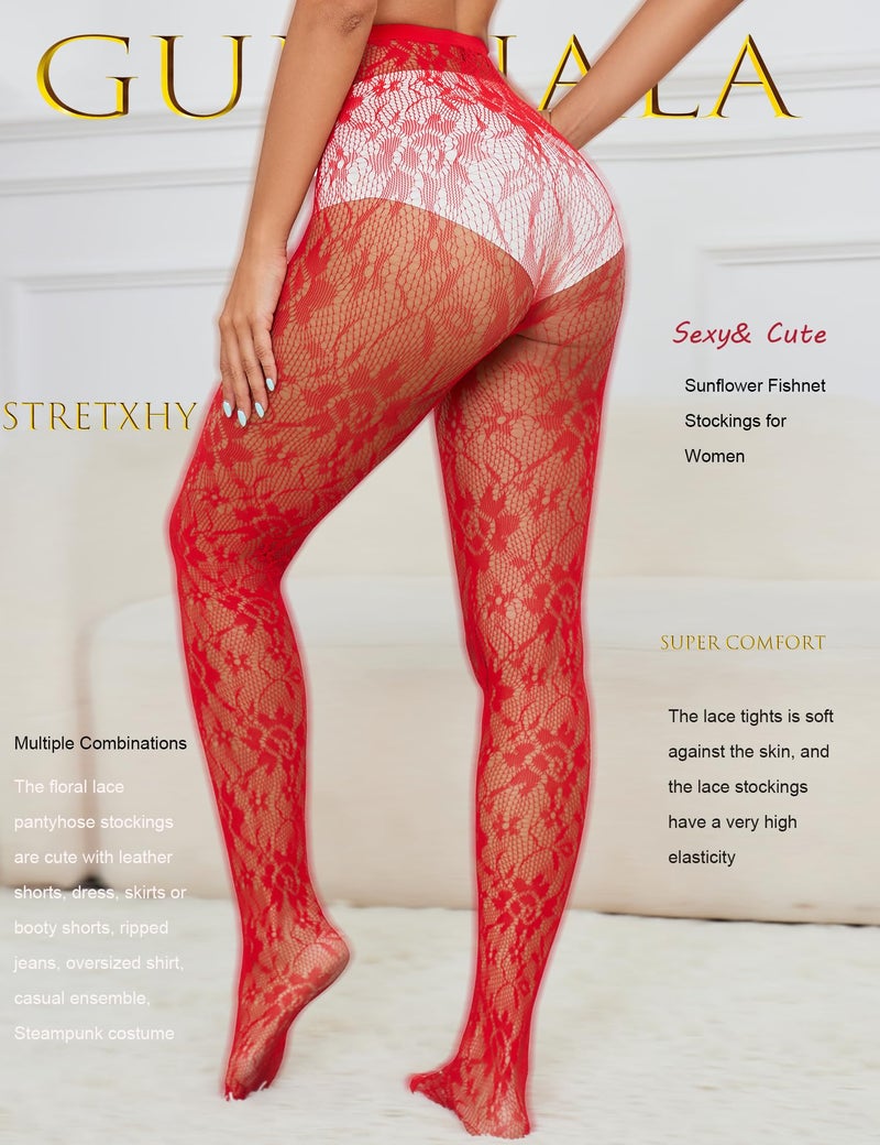 Gulinala Lace Tights Lace Stockings Sunflower Fishnet Stockings for Women Leggings Floral Pantyhose-Red - Image 3