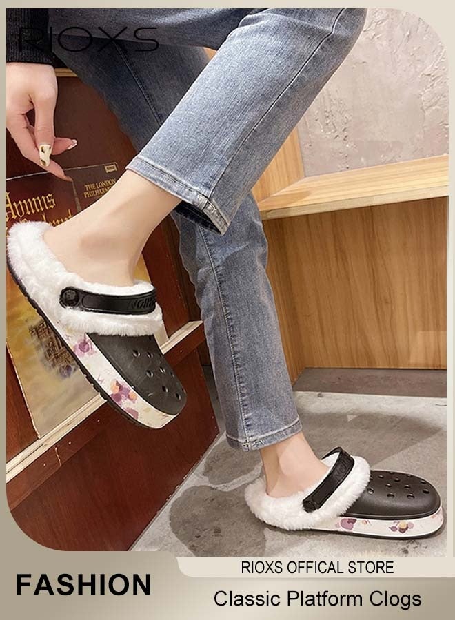 RIOXS Unisex Adults Mens Womens Floral Printed Clog Autumn Fluffy Slippers Fuzzy Warm Sandals Shoes - Image 1