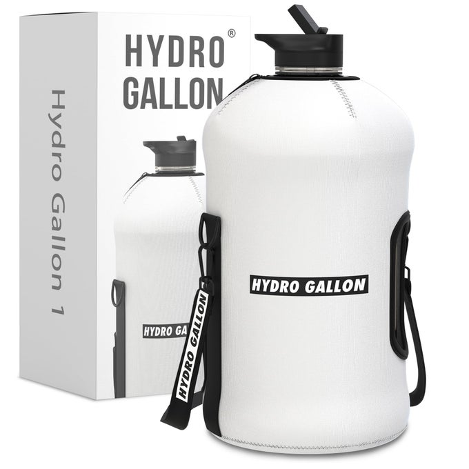 1 GALLON WATER BOTTLE JUG WITH INSULATED SLEEVE AND STRAW LID HANDLE MOTIVATIONAL TIME MARKER POCKET SHOULDER STRAP LEAKPROOF BPA FREE LARGE BIG BOTTLE 128OZ WHITE