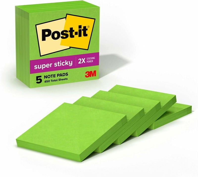 Post It Super Sticky Notes, 5 Sticky Note Pads, 3 x 3 in., School Supplies, Office Products, Sticky Notes for Vertical Surfaces, Monitors, Walls and Windows, Limeade Green - Image 1