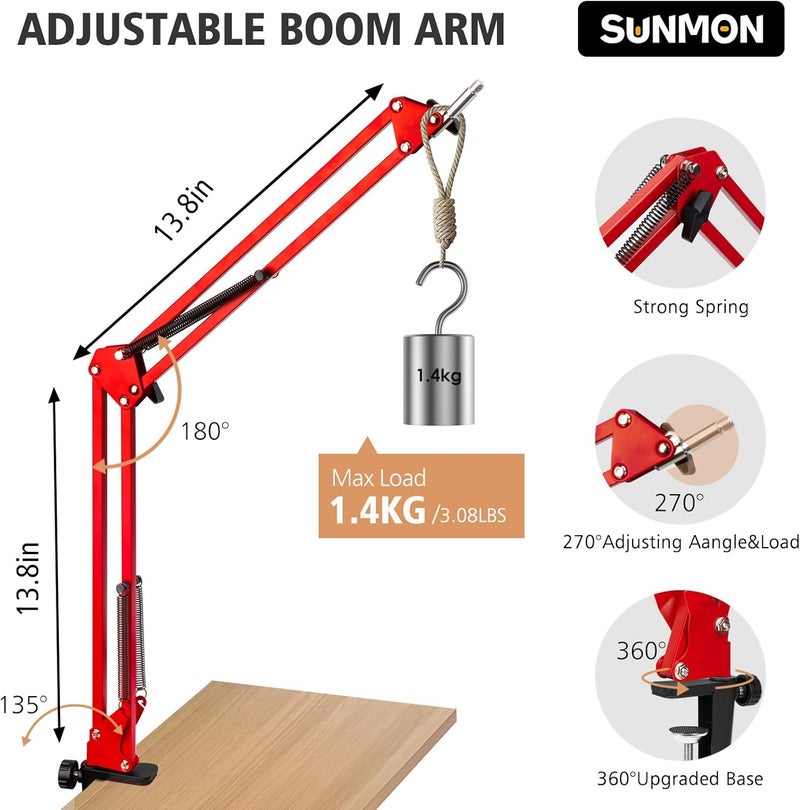 SUNMON HyperX QuadCast Boom Arm - Upgraded Red Boom Arm with Windscreen, Sound Insulation and Noise Reduction, HyperX QuadCast Microphone Arm with 3/8" to 5/8" Adapter - Image 3