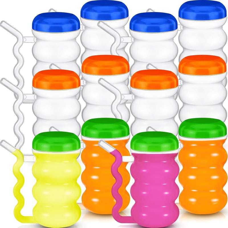 FoldTier 12 Pcs Sip a Mug 14 oz Easy to Grip Plastic Kids Cup Where the Handle Is the Straw Clear Sippy Cups Spill Proof Mug for Everyday Use for Kids Elderly Disabled and Handicapped 3 Colors Lid - Image 1