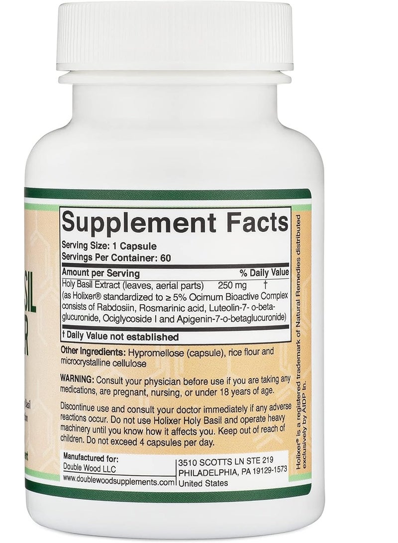 Double Wood Supplements Tulsi Holy Basil for Mood and Relaxation 250mg per serving 60 Capsules 60 Servings - Image 2