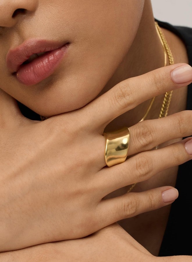 PAVOI 14K Yellow Gold Plated Chunky Statement Ring for Women | Minimalist Stainless Steel Hypoallergenic Wide Wavy Stackable Rings | Size 7 - Image 4
