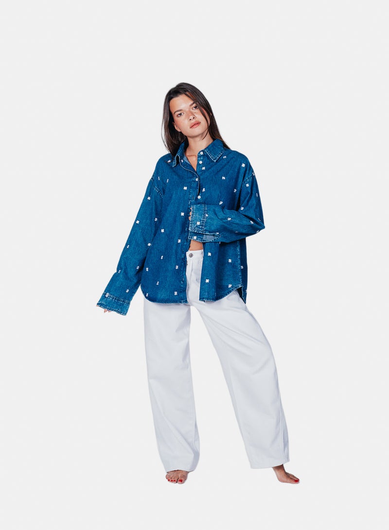 Carina Floral Embroidered Denim Shirt - Image 3