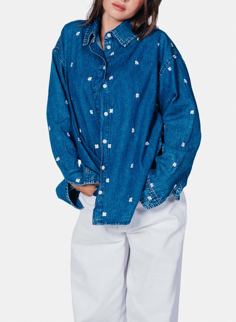 Carina Floral Embroidered Denim Shirt - Image 1