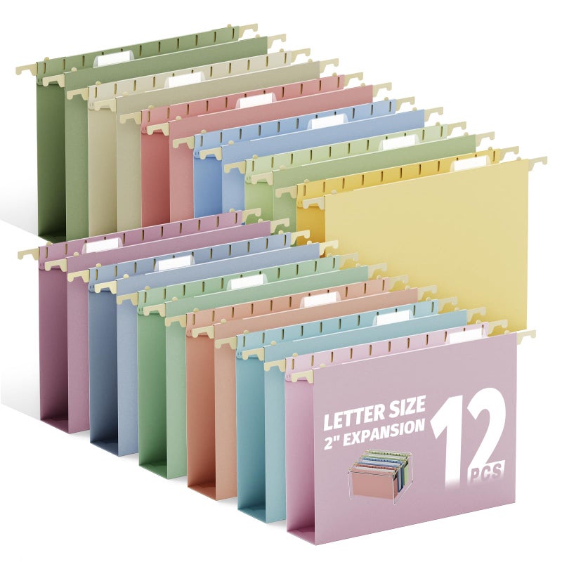 Ansook Letter Size Hanging File Folders Extra Capacity,Heavy Duty 2'' Plastic Expandable Hang Folders,12 Pack Desk Paper Organizer for Office School,File Folders Hanging with Tabs for File Frame Box - Image 1