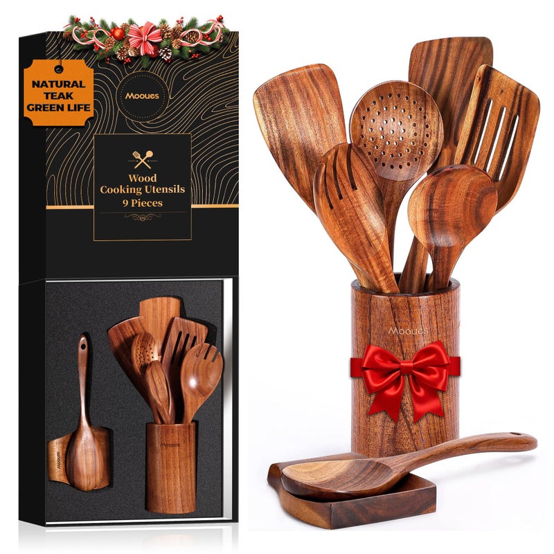Mooues Wooden Spoons for Cooking, Wooden Utensils for Cooking Natural Teak Wooden Kitchen Utensils Set Comfort Grip(9 PCS SET GIFT BOX) - Image 1