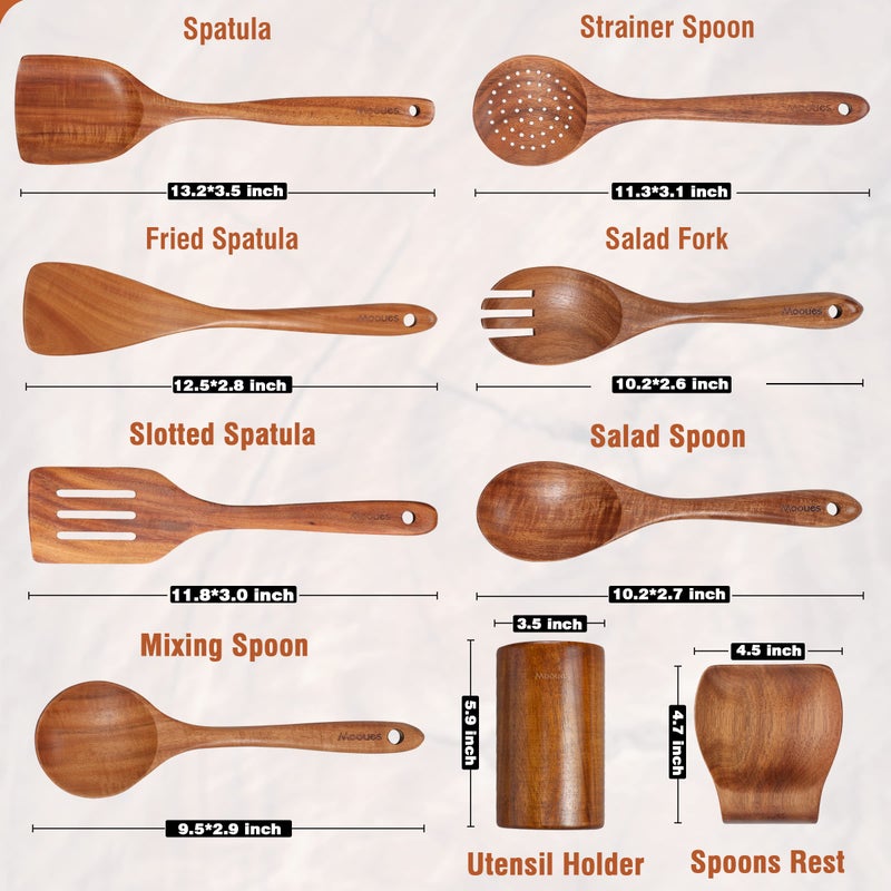 Mooues Wooden Spoons for Cooking, Wooden Utensils for Cooking Natural Teak Wooden Kitchen Utensils Set Comfort Grip(9 PCS SET GIFT BOX) - Image 4