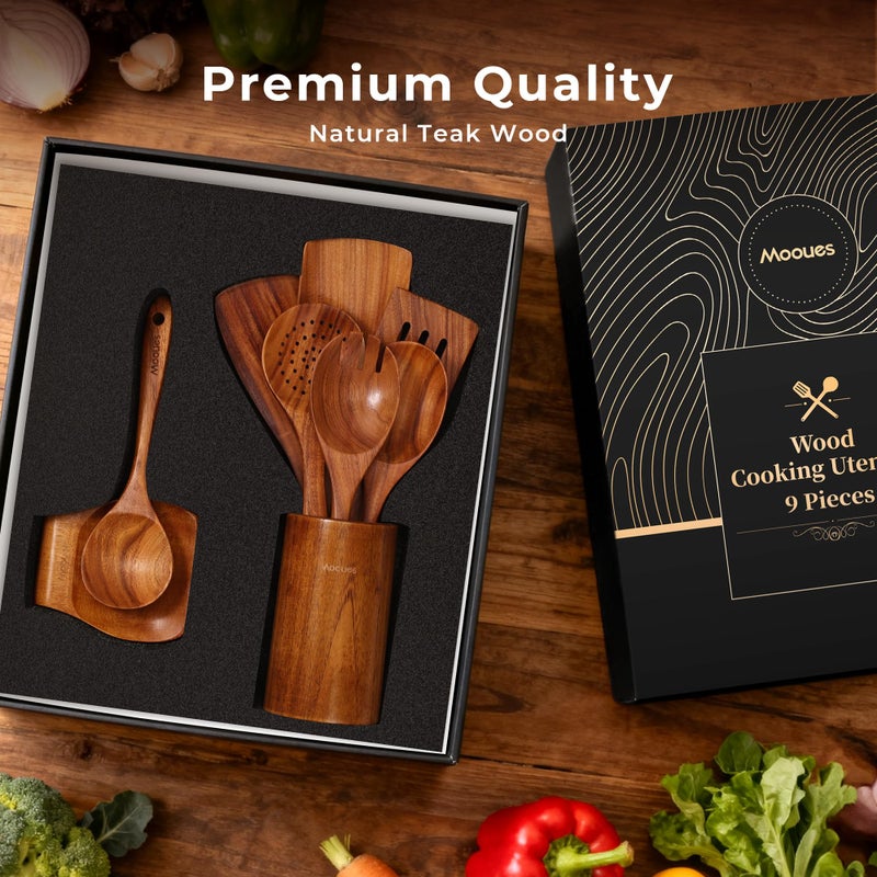 Mooues Wooden Spoons for Cooking, Wooden Utensils for Cooking Natural Teak Wooden Kitchen Utensils Set Comfort Grip(9 PCS SET GIFT BOX) - Image 3
