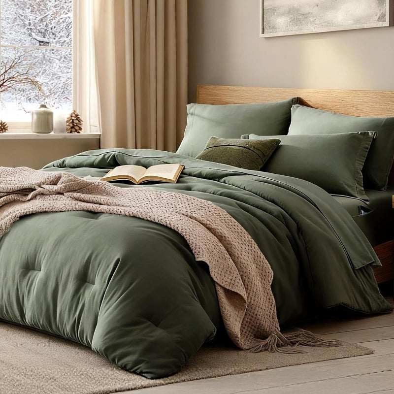 WRENSONGE Olive Green Full Size Comforter, 7 Pieces Soft Dark Green Full Size Comforter Sets- Full Comforter Fitted Sheet, Flat Sheet, 2 Pillow Shams, 2 Pillowcases, Warm Bedding Sets Full All Season - Image 1