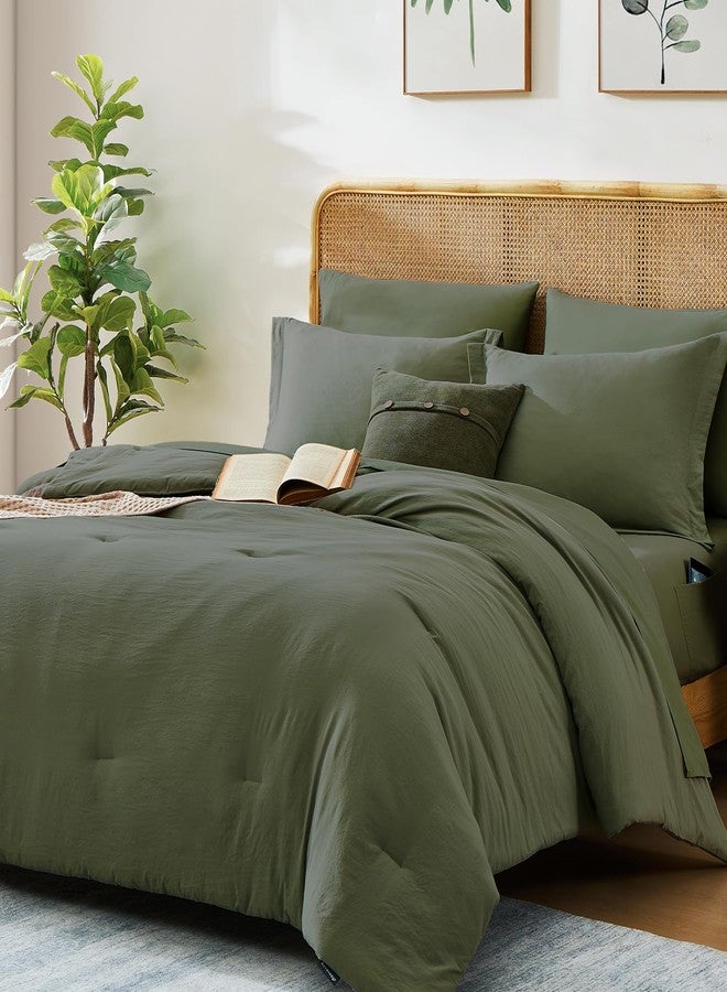 WRENSONGE Olive Green Full Size Comforter, 7 Pieces Soft Dark Green Full Size Comforter Sets- Full Comforter Fitted Sheet, Flat Sheet, 2 Pillow Shams, 2 Pillowcases, Warm Bedding Sets Full All Season - Image 2