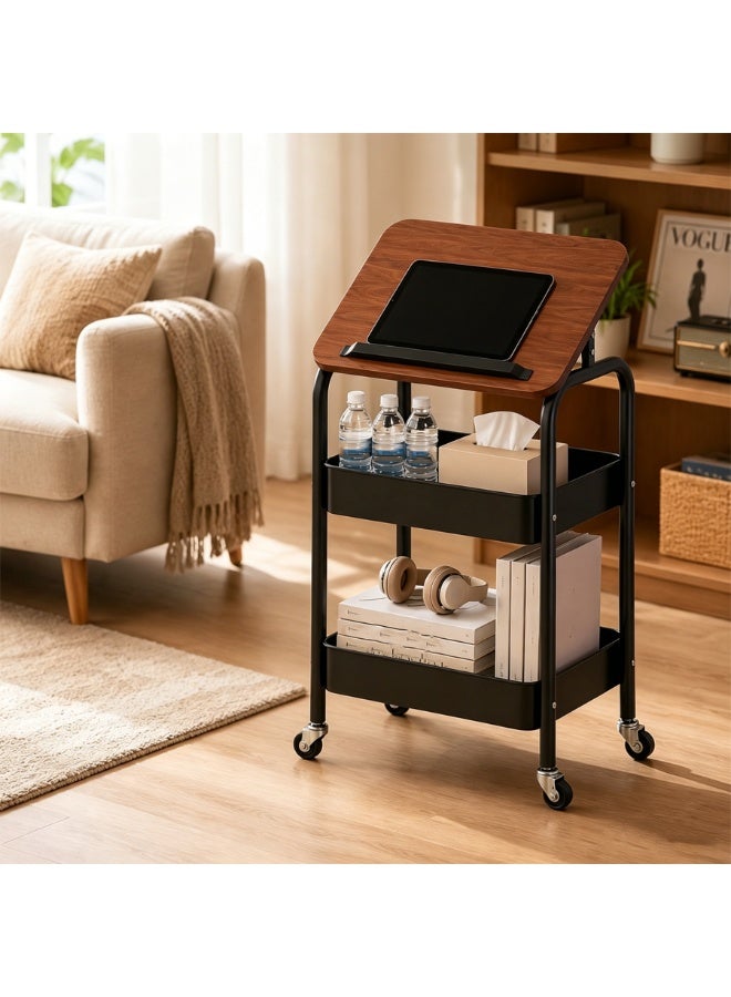 BLOOMING TIME Mobile Rolling Bedside Table with Adjustable Tilt Tabletop, 2-Tier Storage Organizer Cart with Lockable Universal Wheels, Multi-Purpose Side Table for Sofa Bedroom Reading Laptop Snack Storage - Image 1