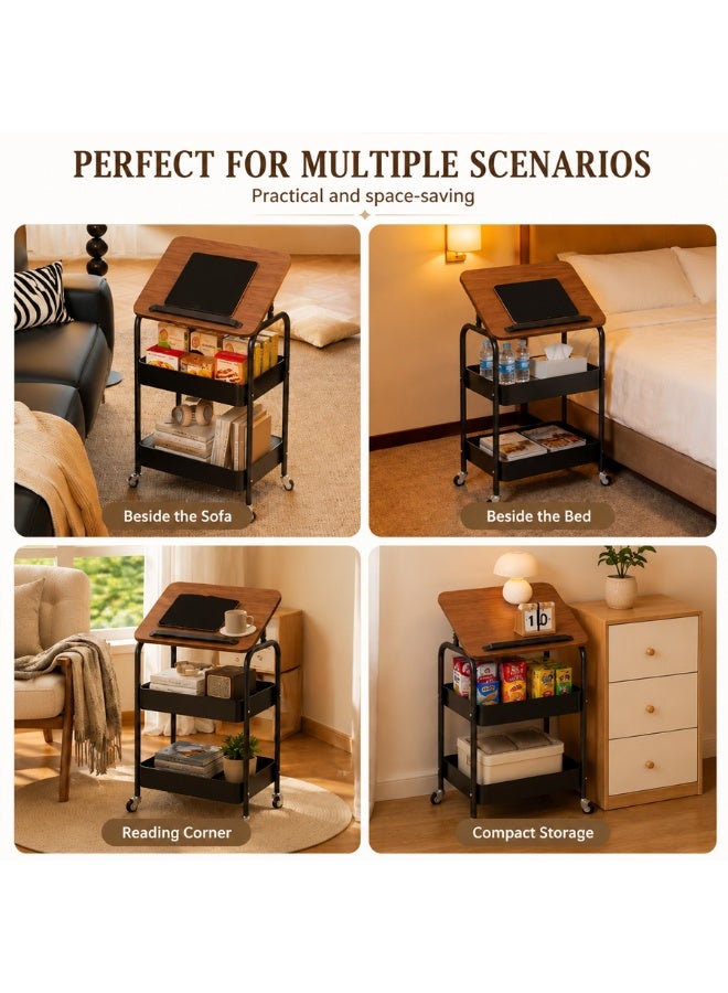 BLOOMING TIME Mobile Rolling Bedside Table with Adjustable Tilt Tabletop, 2-Tier Storage Organizer Cart with Lockable Universal Wheels, Multi-Purpose Side Table for Sofa Bedroom Reading Laptop Snack Storage - Image 3