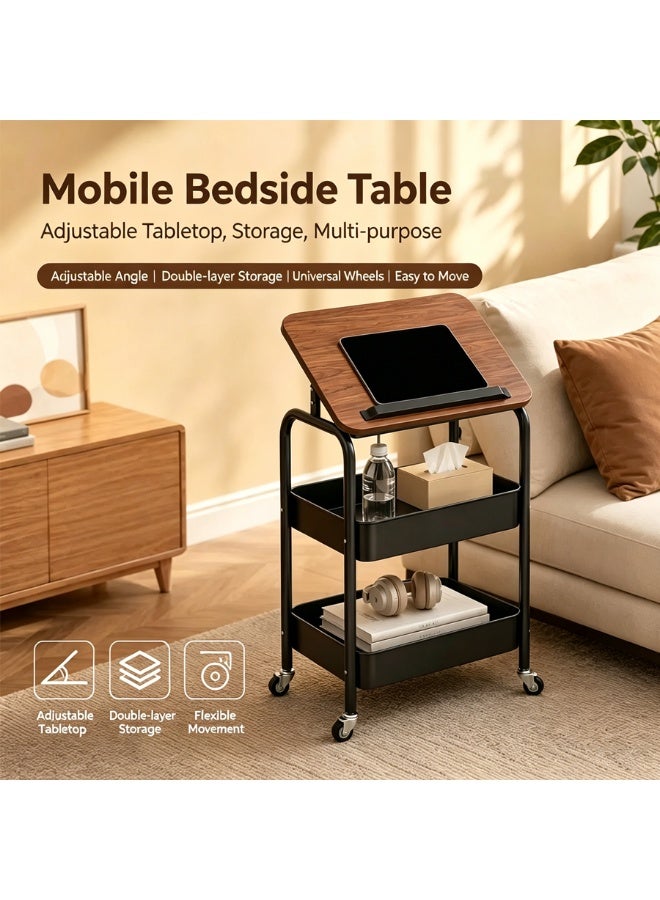 BLOOMING TIME Mobile Rolling Bedside Table with Adjustable Tilt Tabletop, 2-Tier Storage Organizer Cart with Lockable Universal Wheels, Multi-Purpose Side Table for Sofa Bedroom Reading Laptop Snack Storage - Image 2
