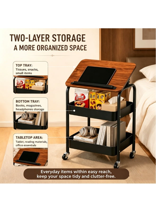 BLOOMING TIME Mobile Rolling Bedside Table with Adjustable Tilt Tabletop, 2-Tier Storage Organizer Cart with Lockable Universal Wheels, Multi-Purpose Side Table for Sofa Bedroom Reading Laptop Snack Storage - Image 4