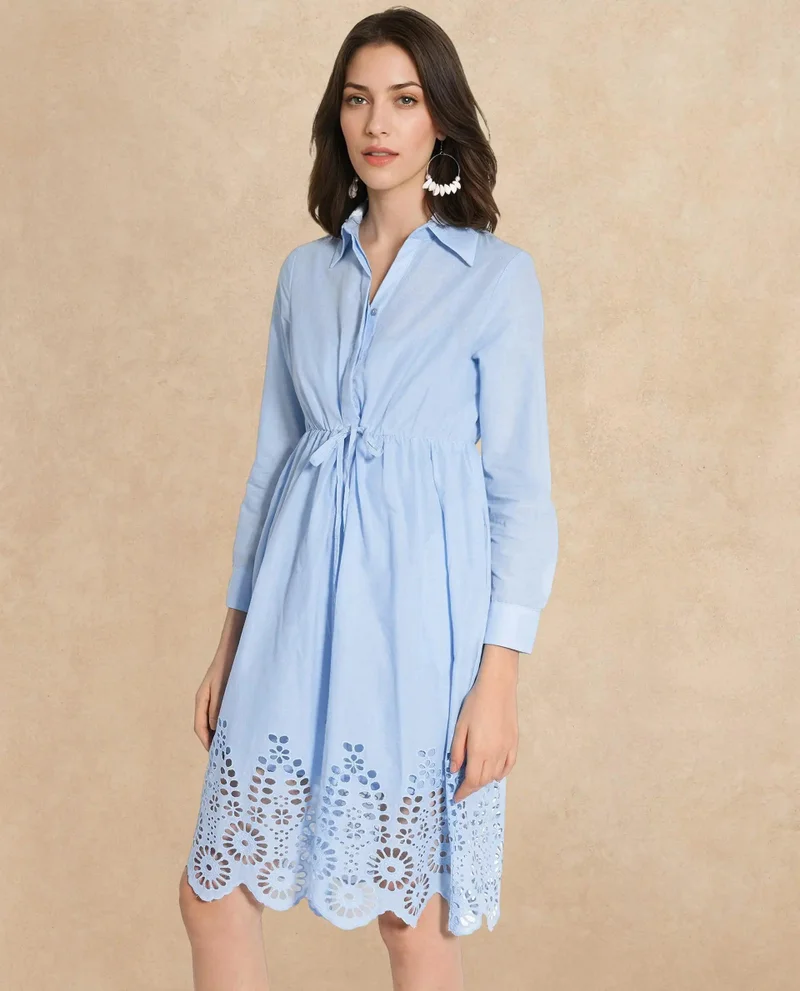 Rareism Women's Short Shirt Dress With Schiffli Accents