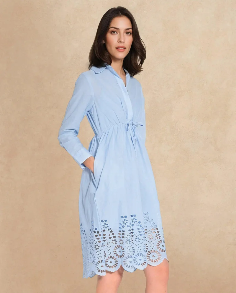 Rareism Women's Short Shirt Dress With Schiffli Accents