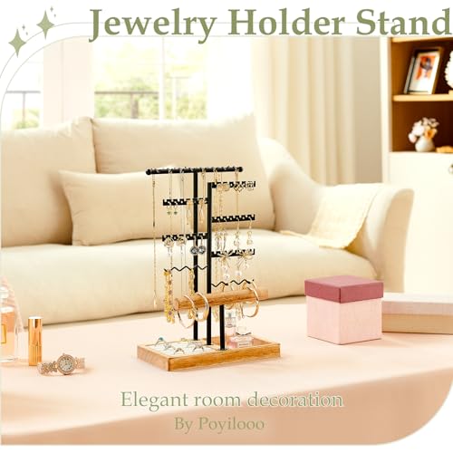 Poyilooo Earring Holder Jewelry Stand 3 Tier Jewelry Organizer with Ring Holder Tray for Necklace Earring Keychains Bracelet Rings Display Jewelry Tree Stand Carbonized Brown - Image 3