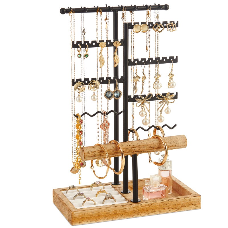 Poyilooo Earring Holder Jewelry Stand 3 Tier Jewelry Organizer with Ring Holder Tray for Necklace Earring Keychains Bracelet Rings Display Jewelry Tree Stand Carbonized Brown - Image 2
