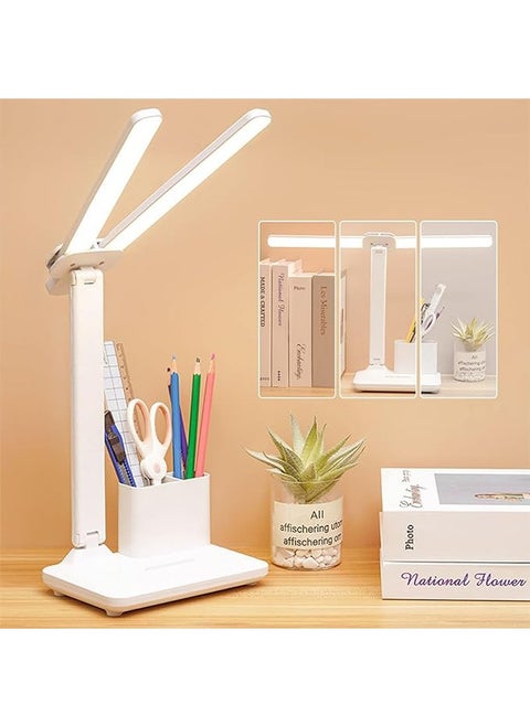 Double Head LED Desk Lamp With Pen holder, Table Lamp, Rechargeable, Eye-Caring, Touch Control With USB Charging Port-Bedside Table Lamp for Reading, Study Lamp for Kids, Home, Office, White
