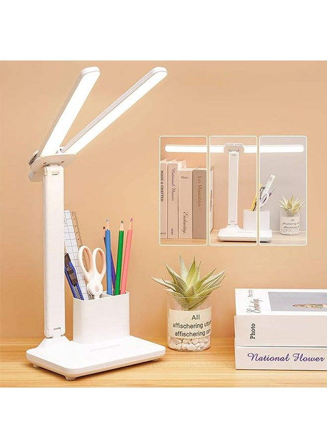 Double Head LED Desk Lamp With Pen holder, Table Lamp, Rechargeable, Eye-Caring, Touch Control With USB Charging Port-Bedside Table Lamp for Reading, Study Lamp for Kids, Home, Office, White