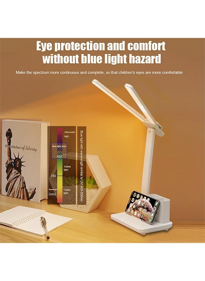 Double Head LED Desk Lamp With Pen holder, Table Lamp, Rechargeable, Eye-Caring, Touch Control With USB Charging Port-Bedside Table Lamp for Reading, Study Lamp for Kids, Home, Office, White