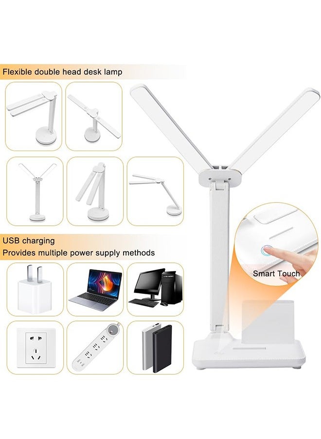 Double Head LED Desk Lamp With Pen holder, Table Lamp, Rechargeable, Eye-Caring, Touch Control With USB Charging Port-Bedside Table Lamp for Reading, Study Lamp for Kids, Home, Office, White