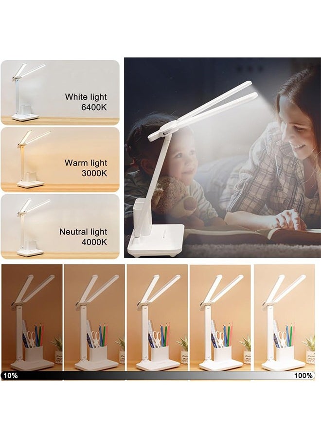 Double Head LED Desk Lamp With Pen holder, Table Lamp, Rechargeable, Eye-Caring, Touch Control With USB Charging Port-Bedside Table Lamp for Reading, Study Lamp for Kids, Home, Office, White