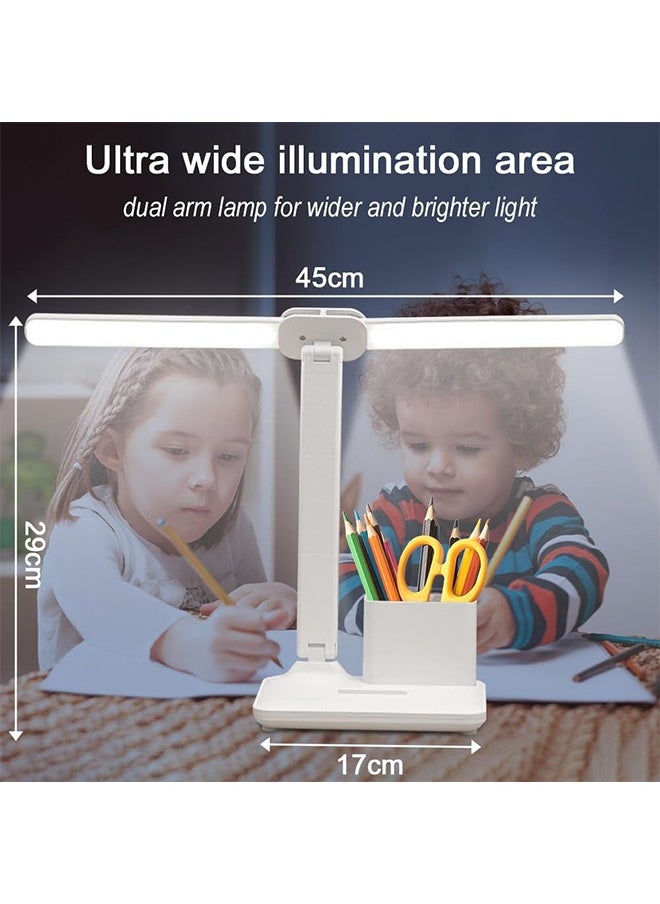 Double Head LED Desk Lamp With Pen holder, Table Lamp, Rechargeable, Eye-Caring, Touch Control With USB Charging Port-Bedside Table Lamp for Reading, Study Lamp for Kids, Home, Office, White
